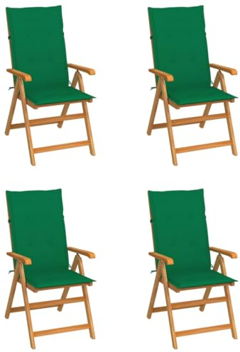 vidaXL 4X Teak Massiv Gartenstuhl mit Grünen Kissen Klappbar Hochlehner Klappstuhl Gartensessel Holzstuhl Stuhl Stühle Gartenstühle