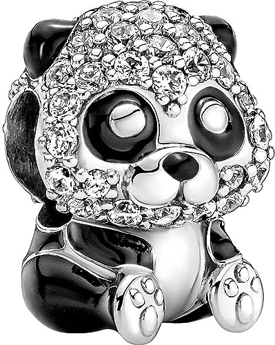 Pandora Moments Dije de plata de ley con diseño de oso panda con circonitas cúbicas transparentes y cristal negro
