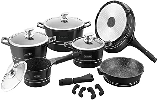 SET 14 PEZZI IN PIETRA PENTOLE PADELLE e COPERCHIO LAVICA ROY, PER USO PROFESSIONALE E DOMESTICO, MODELLO RL-ES1014M royalty line- NERO