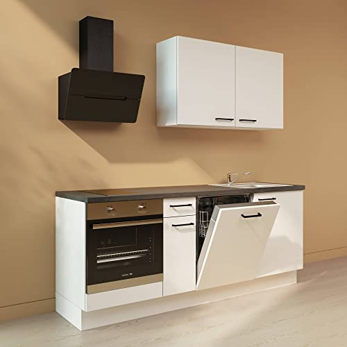WALLERS Cuisine de 210 cm de long, lave-vaisselle intégré, four encastré, hotte, évier et mitigeur, plaque de cuisson 2 foyers (Plan de travail couleur béton, Évier à droite)