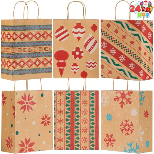 JOYIN 24 Weihnachten Kraft Geschenk-Taschen für Urlaub Papier Weihnachten Goody Bags, Xmas Klassenzimmer und Party Favors (25,9cm x 16cm x 10,6cm)