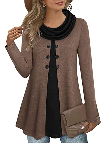 Gaharu Longpullover für Damen Baumwolle Lässige Pullover Damen Braun Schalkragen Hoodie Damen Lang Strick Tunika Damen Winter Hoddies/Pullies Damen Warm Patchwork Sweatshirt Ohne-Kapuze,L