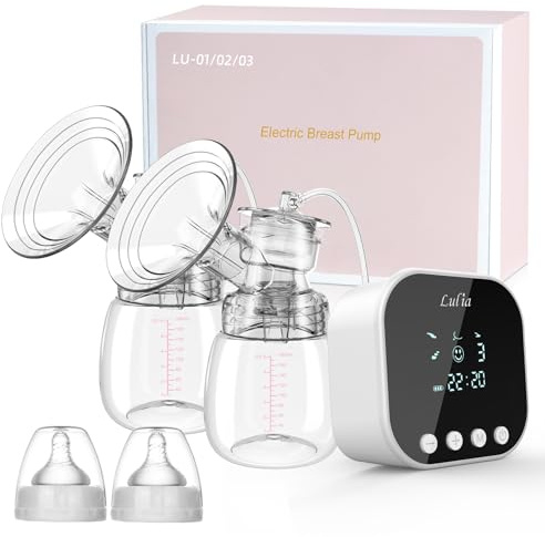 Lulia Double Electric Breast Pump Portable Strong Suction Pain Free Breastfeeding Pump, 4 Modes & 9 Levels Milk Ultra-Quiet Rechargeable for Travel&Home Backflow Protector BPA Free(White)