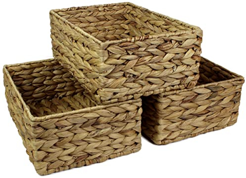 Rectangular Water Hyacinth Small baskets for storage Natural colour wicker basket shelves open Decorative gift box Small bathroom mini tray makeup bathroom Kitchen organiser (Large 32cm, 3x Basket)