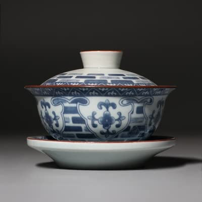 MOLUO Sopera de cerámica Gaiwan de Porcelana Azul y Blanca con Taza, tazón, platillo, Tapa, tazón de té Cubierto, 120ml