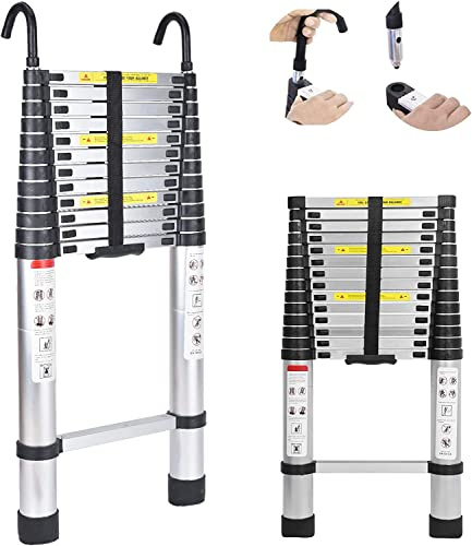 16.4ft 5M Multi-Purpose Telescopic Ladder with Hooks Detachable 330lb Max Load Extendable Extension Climb Ladders Aluminium for Outdoor Indoor Roof Work DIY Home Office Black Long Straight Ladder