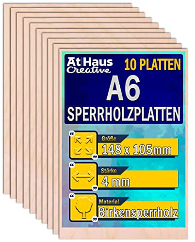 AtHaus 10 x A6 Sperrholzplatte 4mm | 148 x 105 mm | Birkensperrholz | Perfektes Blatt für Laserschnitt, CNC Router, Brandmalerei, Laubsäge, Durchbrochenes | Dünne Holz-Zuschnitt