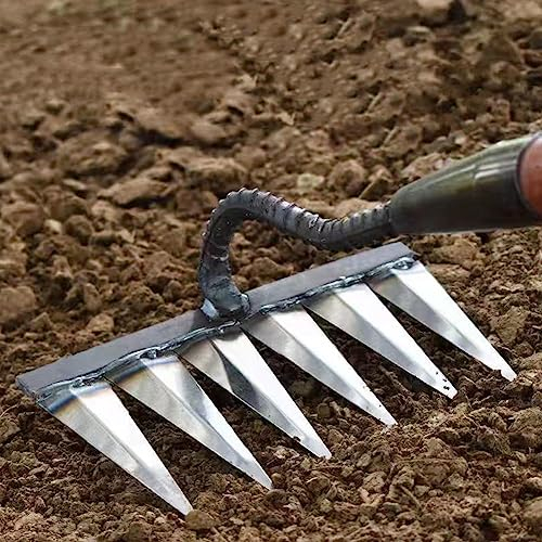 RJSQAQE Rastrillo de hierro para jardinería y deshierbe, rastrillo de hierro resistente, rastrillo para quitar césped, herramientas de deshierbe de jardín para aflojar el césped del patio trasero