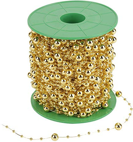 Rollo de 60 m de cuerda de perlas, 3 + 8 mm, cuentas de perlas artificiales brillantes simples, cuerdas de perlas para decorar centros de mesa de boda, ramo de novia, manualidades (dorado)