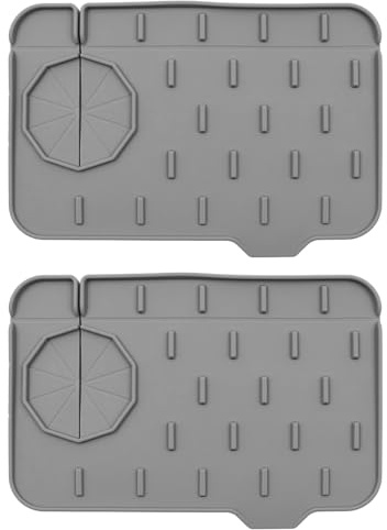 NUZAMAS Set of 2 Silicone Sink Mat Mini Sink Splash Guard and Soap Sponge Holder Gray Faucet Handle Drip Catcher Tray with Built-in Drain Lip