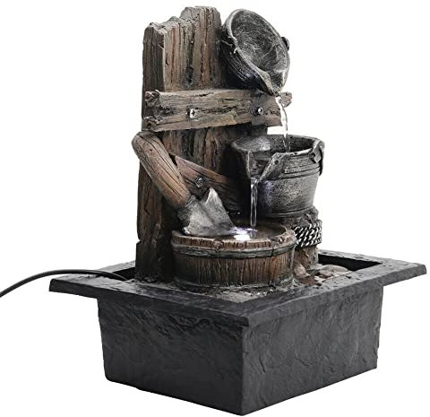 Fuente de agua para jardín interior/exterior Fuente de agua al aire libre Cascada de madera antigua Fuente de agua Cascada LED Estatua interior/exterior 220 V para cubierta, patio, porche, decoración