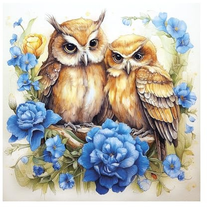 Ideen mit Herz 5D Diamond Painting | Diamant Painting Set | Motiv: 30 x 30 cm | Leinwand: 35 x 35 cm | DIY | Steinchen | inkl. Zubehör | Design-Variationen (Eulen mit Blüten)