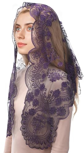 Mantveil Chapel Veils for Church Catholic: Black and Purple Triangle Holy Grail with Cross Embroidered Lace Scarf Mantilla Veil Latin Mass Head Covering, Black Purple, 53.15 * 23.62 Inch