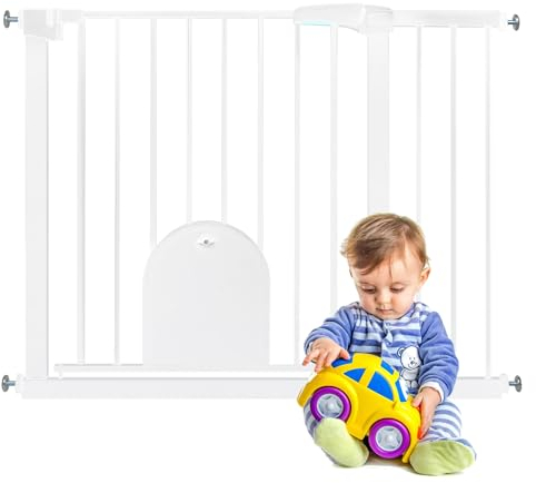 YARDIN Treppenschutzgitter ohne Bohren, Türschutzgitter 95-105cm mit Türe für Hunde und Katzen, Kindersicherung Türgitter Baby Absperrgitter für Kinder und Haustier, Schließt Automatisch, Weiß