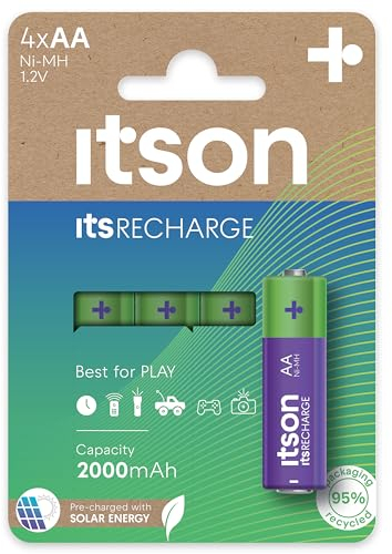 ITSON, batterie ricaricabili AA, pacco da 4, capacità 2000 mAh, imballagio con il 95% di materiali riciclati, Made in Japan, pile pre-caricate per orologi e telecomandi