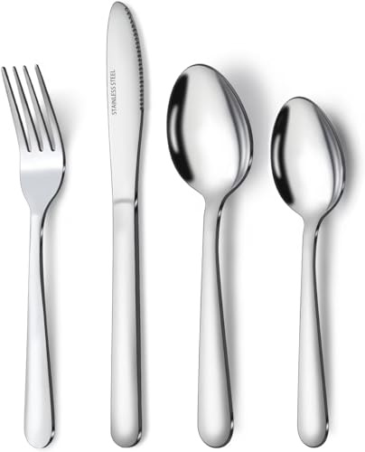 SDMAX 16 Piece Cutlery Set, Services for 4, Stainless Steel Flatware Set, Knife, Fork, Spoon, Ergonomic Handle, Dishwasher Safe, Suitable for Home and Restaurant, Silver