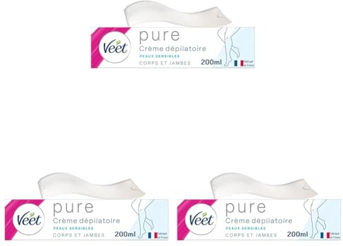 VEET PURE - Crème Dépilatoire Corps et Jambes - Lot de 3 Peaux Sensibles - Sans Odeur d'Amoniaque - 200ml