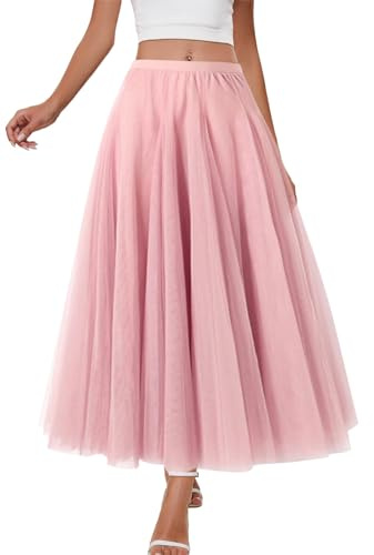 shownicer Tüllrock Damen Elastischer Hohe Taille Bund Mesh Chiffon Rock Lang Einfarbig Röcke Maxiröcke Elegant Swing A Linie Unterrock Freizeitrock