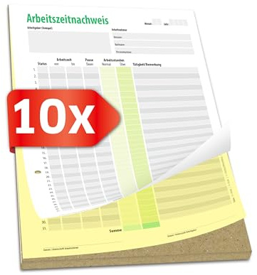 PRIMUS PRINT Arbeitszeitnachweis Schreibblock A4 – mit Selbstdurchschreibenden Papier – Durchschreibschutz – Arbeitszeiterfassung für 31 Tage – Stundennachweis für Minijob, Vollzeit [10 x Block]