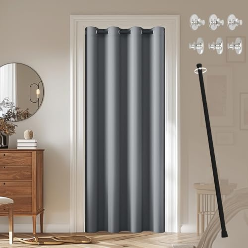 JCyh blickdichter Türvorhang mit Teleskopstange, einfache Montage ohne Bohren, 1 Stück Verdunkelungsvorhang Grau H 210 x B 132 cm für Zimmer tür, Stange Schwarz 70-128 cm