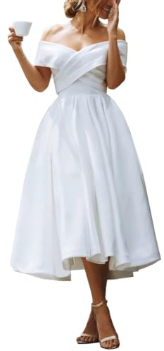 YIANN White Satin Wedding Dress Off Shoulder A Line Bridal Gown for Women Tea Length Elegant Formal Dresses UK18