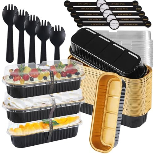 CHEPULA 30Set Mini Loaf Cake Cases 200ML,Mini Loaf Tins with Lids and Spoons Aluminum Foil Baking Pans, Reusable Aluminum Baking Cups for Wedding, Picnic or Birthday(Black)