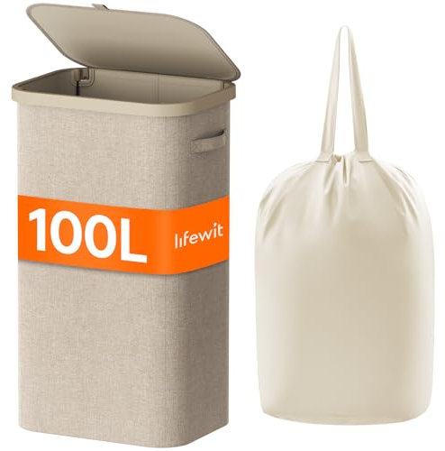 Lifewit Wäschekorb mit Deckel, 105L Wäschesammler mit Kunststoffrahmen, faltbarer großer Wäschesortierer, Wäschebox Laundry Baskets für Schlafzimmer, Bad, Beige