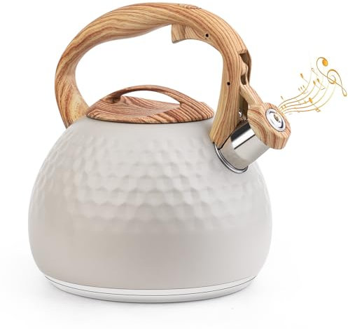 Sampoes Bollitore moderno da 3 l, a induzione, in acciaio inox, per tutti i piani cottura, bollitore a fischio con manico in vena di legno, bollitore per tè caffè, beige