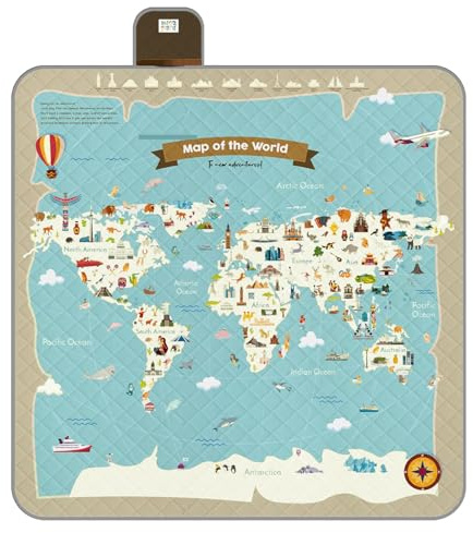 PERLETTI Coperta Pic Nic Impermeabile Bambini - Telo Picnic Grande da Campeggio Spiaggia Montagna Parco Bimbi Portatile - Tappeto Gioco per Esterno con Disegni Pieghevole (Mappamondo, 200x200 cm)