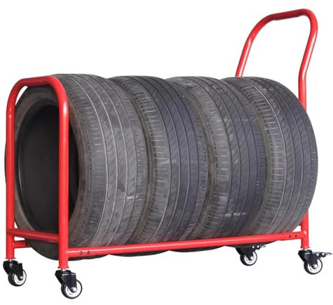 Däckställ Förvaringshyllor för Garagedäck På Hjul, Mobilt Däckställ för Verkstäder/Verkstad/Fabriker, Metall Däck Transport Släpvagnshållare för 4 Däck(Red)