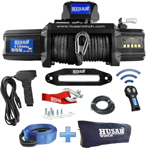 Husar Winch Elektrische Seilwinde 12000 lbs | 5443 kg 12V mit 26 m x 10 mm Synthetikseil, Funkfernbedienung, 3-stufigem Planetengetriebe, Offroad-Seilwinde für 4x4,SUV,Geländewagen und Fahrzeugbergung