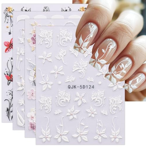 JMEOWIO 3D Nagelsticker Blumen Nail Art Sticker Selbstklebend Nagelaufkleber 5D Stereoskopisch Frühling Sommer Dekoration Nageldesign Zubehör 4 Blatt