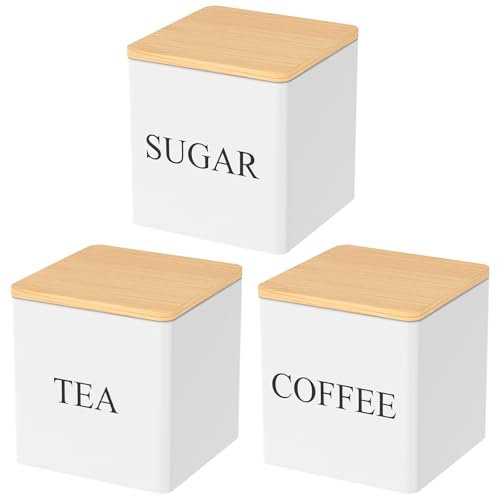 VAVPUP Kitchen Canister Set,3Pcs 500ml Tea Sugar Coffee Set with Bamboo Lids,Large Capacity Container Sealed Food Storage Containers Space Saving Coffee Canister Set (White)