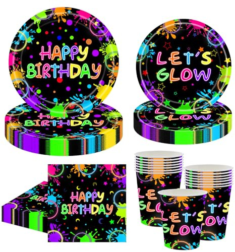 MORAINJAY 68 Stück Neon Glow Partygeschirr für 16 Gäste, Deko Geburtstag Geschirr Schwarzlicht, Leuchtende Partyteller Kindergeburtstag, Neon Glow Schwarzlicht Pappteller Pappbecher Servietten