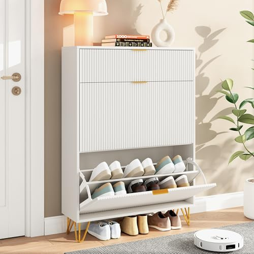 YGHQAP Schuhschrank, Schuhregal Schuhkipper Schmal, Schuhschrank Weiss Mit 2 Klappen, 1 Verstecktes Ablagen, Schuhablage Verstellbar, Schuhkommode Für Eingangsbereich Flur (Weiß)