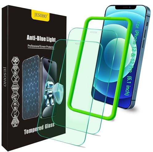 JESOHO Lot de 2 films protecteurs d'écran anti-lumière bleue pour iPhone 12/12 Pro, (6,1), film en verre trempé, protection des yeux, compatible avec les coques, sans bulles, avec kit d'installation