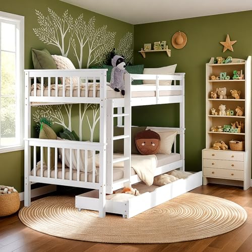 Homestyle4u, Etagenbett 2 Kinder 90x200 Weiß mit Treppe Matratze & Bettkasten, Hochbett umbaubar 2 Kinderbetten Doppelstockbett 90x200 Holz Kiefer