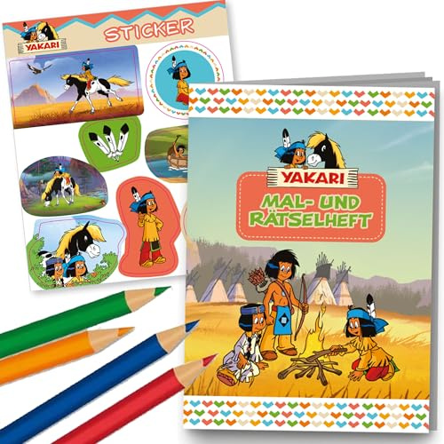 Mitgebsel-Set * YAKARI * mit Mal- und Rätselheft, 8 Sticker und 4 Buntstiften | perfekt als Mitgebsel oder Geschenk | Malbuch Malen Malblock Kinder Indianerjunge Sioux