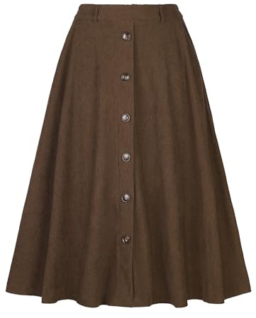 Allegra K Falda de Pana de Cintura Alta para Mujer Falda Midi de Corte A con Botones Delanteros Y Bolsillos, Otoño-Invierno Marrón L