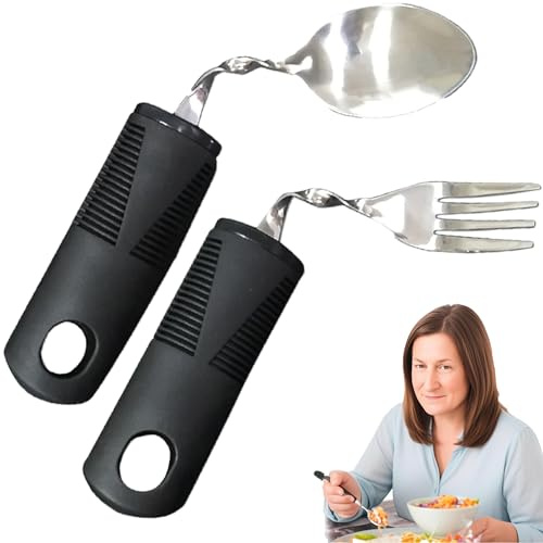 QSLKI Ensemble de Cuillère à Fourche Senior Set, Outil Auxiliaire, Poignée En Caoutchouc En Acier Inoxydable Pour La Maladie de Parkinson, Tremblements des Mains Et Vaisselle de Rééducation de