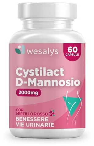 D Mannosio Puro 2000mg | Cistite, CYSTILACT® - 60 CAPSULE con Mirtillo Rosso, Probiotici ed Acido ialuronico | per Candida e Infezioni delle Vie Urinarie | 100% Vegan