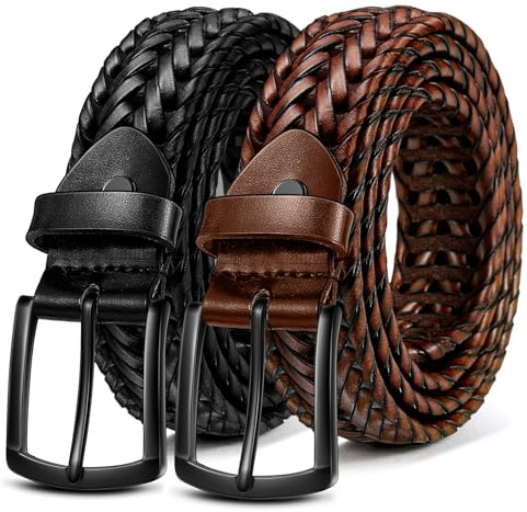 BULLIANT Gürtel Herren 2er Pack,Geflochtener Geflochtener Ledergürtel für Herren Golf Casual Jeans 3,5 cm(Schwarz/Hellbraun,115cm/34-38 taille verstellbar)