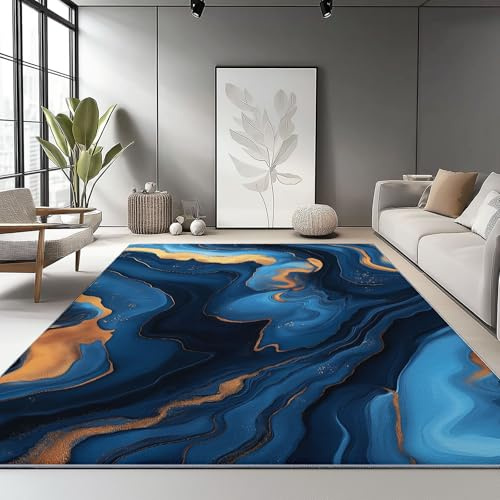 Genérico Alfombra Salón Beige 140 x 200 cm, Patrón de Mármol Textura De Metal, Antideslizante Lavable en Lavadora Pelo Corto Tapete Moderno para Habitación Dormitorio y Comedor, Azul