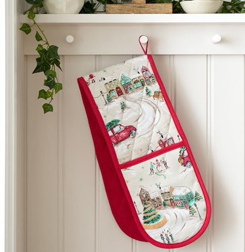 Catherine Lansfield Christmas Town Cotton Kitchen Double Oven Glove Natural