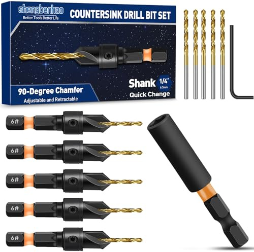 shengbenhao #6 Countersink Drill Bit Set, 12 PCS Counter Sink Drill Bits | 1/4 Inch Hex Shank Quick Release Countersink Set, Magnetic Extension Adjustable bit Holder for Woodworking