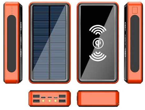 Batterie Externe Solaire, étanche, Grande capacité 50 000 mAh, Chargeur sans Fil Portable antichute avec lumière LED et 4 Ports USB, Orange