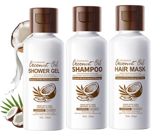 Coconut Oil travel shampoo and conditioner – hair care gift set Shampoo, Body Wash & Hair Mask travel size toiletries Set | Nourishing & Hydrating | Anti-Frizz Hair Care 3pcs