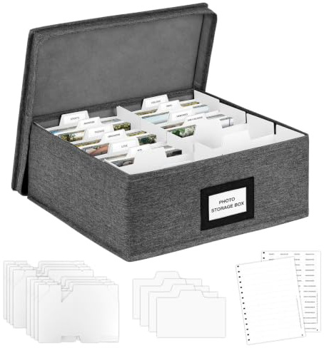 Photo Storage Box with Lid, Photo Organiser Box Holds up to 1700 Photos in 10 x 15 cm Format with 8 Adjustable Dividers and 60 Labels, Photo Album Box for Envelopes, Cards and Stamps