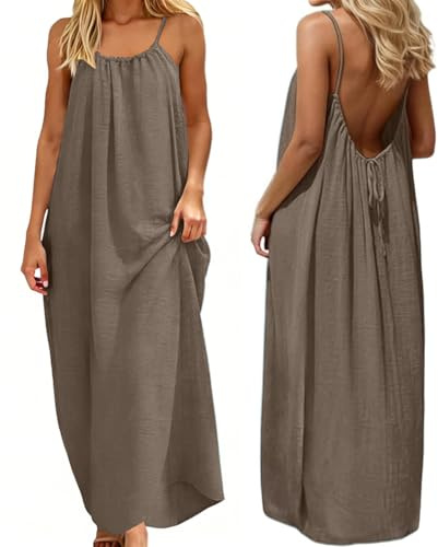 Summer Dresses for Women Sexy Spaghetti Strap Cami Solid Backless Loose Maxi Long Vacation Dress Back Tie