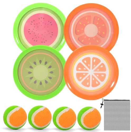 Klettballspiel Klettball, Outdoor wurf spiel Kinder mit 4 Fangscheiben & 4 Bällen, Strandspielzeug Gartenspielzeug für Draußen, Fangballspiel für Jungen Mädchen 3 4 5 6 7 8 9, Poolspiel Party Geschenk